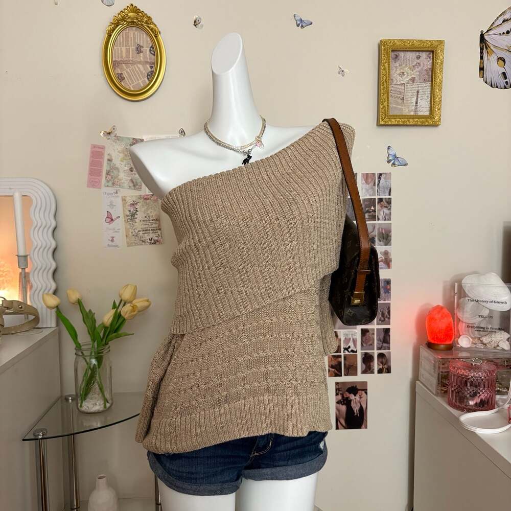 Vintage Y2K Cache Beige Gold Metallic Asymmetric One Shoulder Sweater Top Women